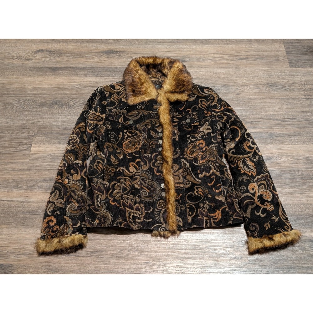 Black Rivet Womens M Corduroy Faux Fur Trim Paisley Trucker Jacket Brown Black - Picture 1 of 5